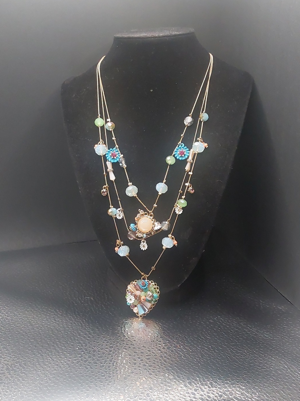 Betsey Johnson Gold Toned Bead And Heart Illusion Three Strand Dainty Necklace